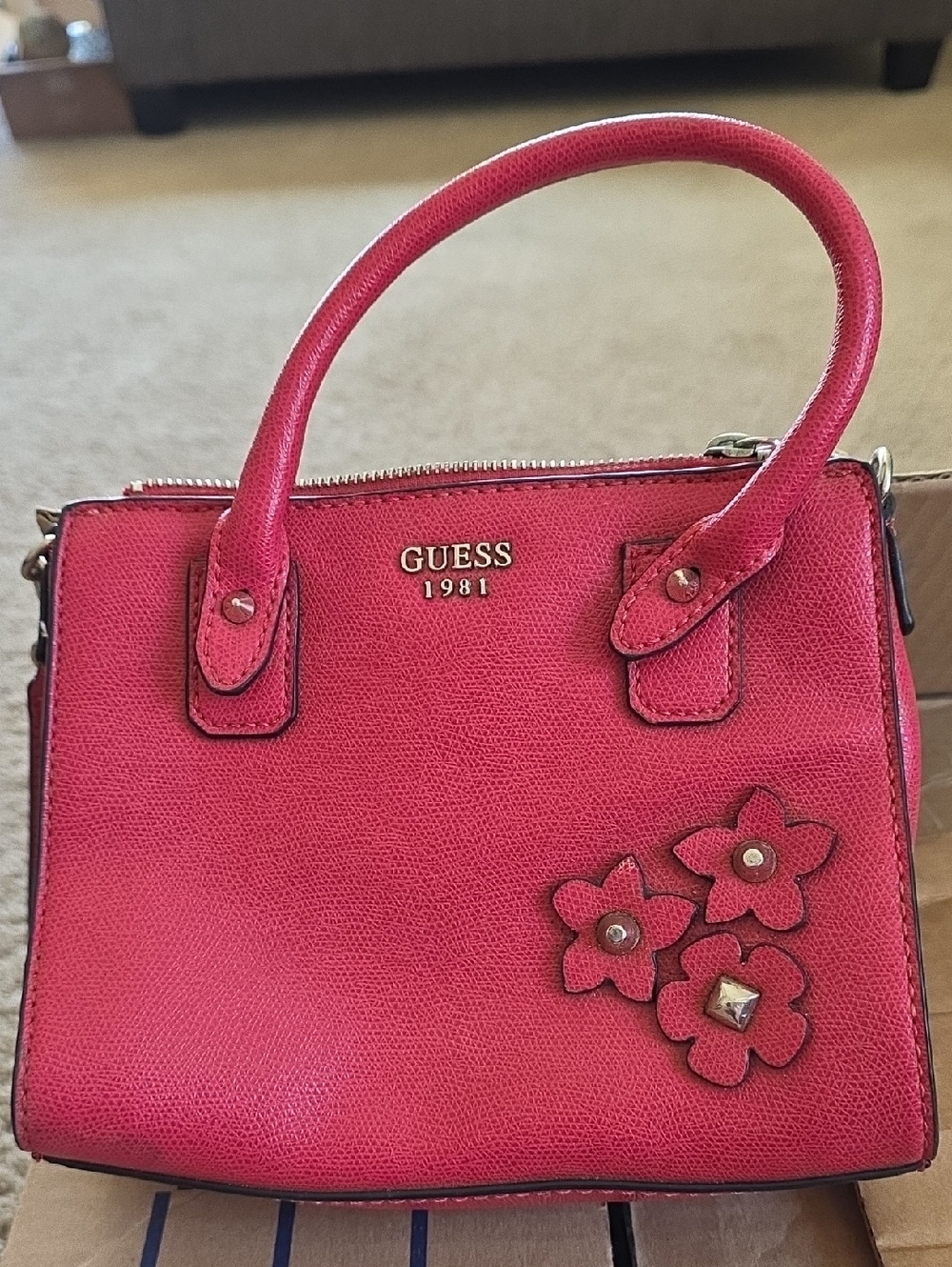 GUESS Redish Pink Floral Accent Top-Handle Bag With Crossover Bag